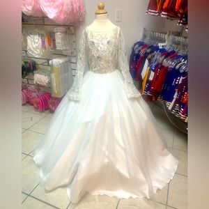 Child Size 10 Rachel Allan White Beaded Long Bell Sleeve Ballgown Formal Dress